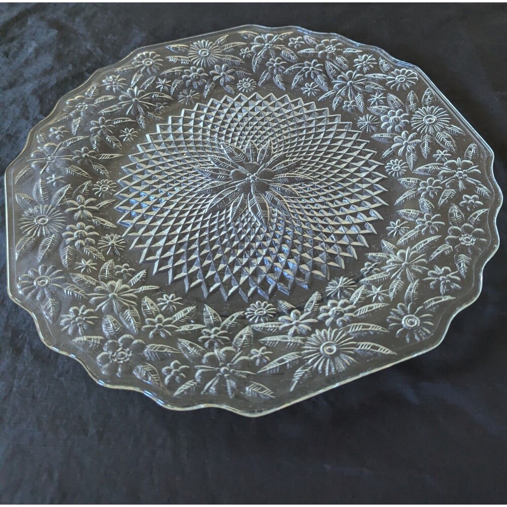 Antique 11" Depression Indiana Glass PINEAPPLE & FLORAL Clear  Serving Platter